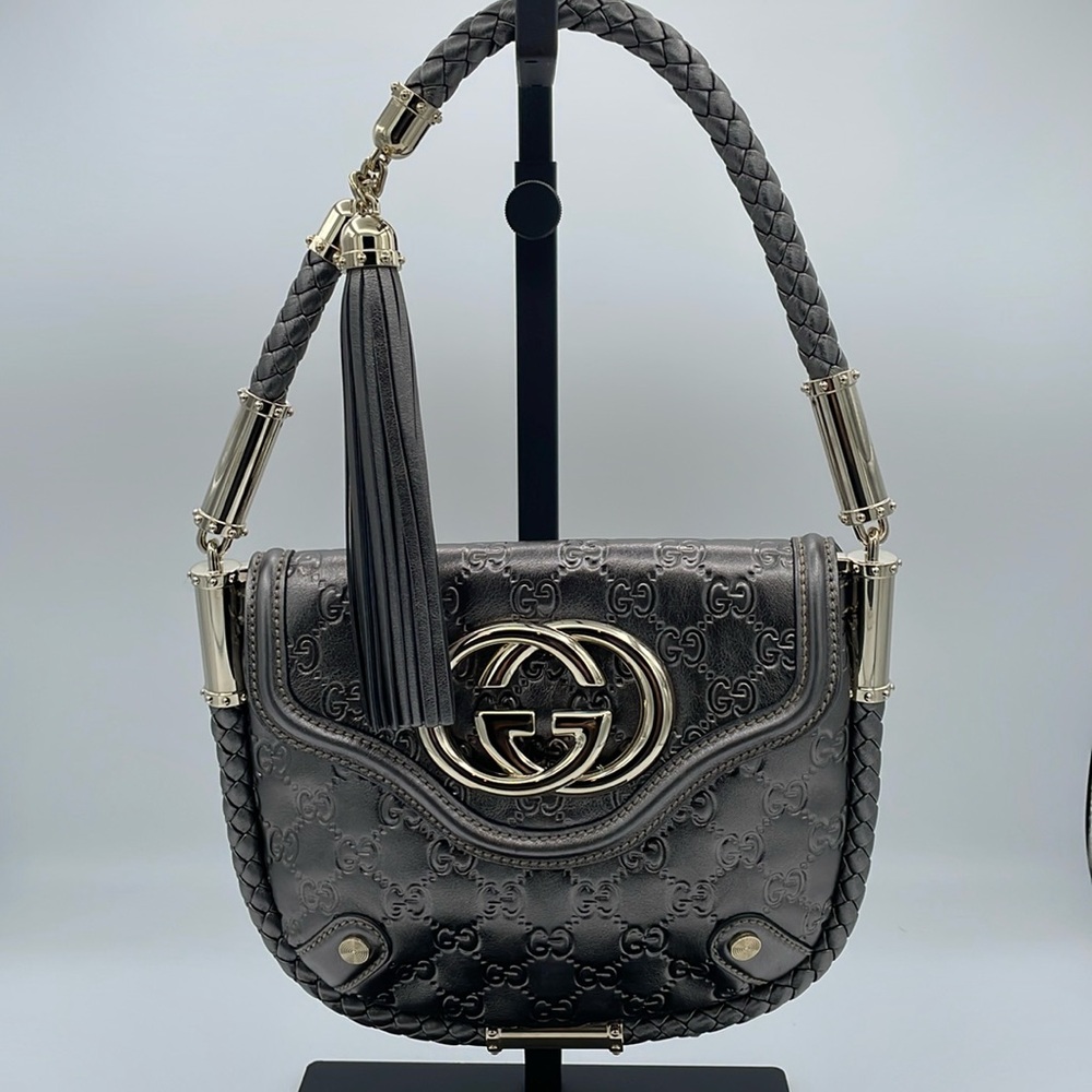 AUTH GUCCI Limited Edition BLONDIE BRITT TASSEL in Gunmetal with Gold Hardware